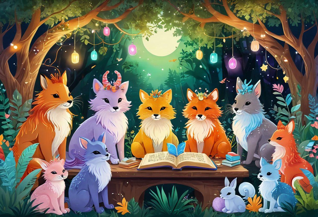 A whimsical scene depicting a magical forest filled with diverse cartoon-style animals, each with extravagant hairstyles and vibrant fur colors, reading books and sharing stories about hair care. Lush greenery, sparkling fairy lights, and a cozy setting with oversized hairbrushes as props create a fun and inviting atmosphere. Include a rainbow background to enhance the enchantment. cartoon art. vibrant colors.