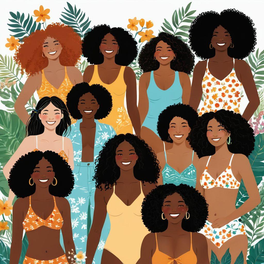 A whimsical, vibrant illustration of a diverse group of people joyfully embracing their body hair in various natural settings, like the beach and forests. Include a mix of styles from wild and curly to straight and silky, adorned with flowers and playful accessories. Celebrate body positivity with smiles, laughter, and a colorful, sunny backdrop. Use a warm color palette to evoke a sense of happiness and freedom. vector art. vibrant colors.